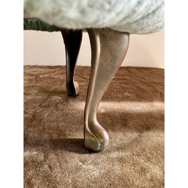 Vintage Hollywood Regency Pleated Sage Green Velvet Round Ottoman Featuring Elegant Cast Brass Cabriole Legs For Sale - Image 9 of 14
