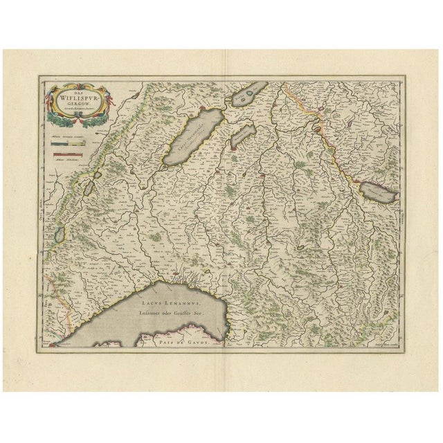 Map of Southwestern Switzerland with Geneva and Lakes, 1659 For Sale - Image 9 of 9