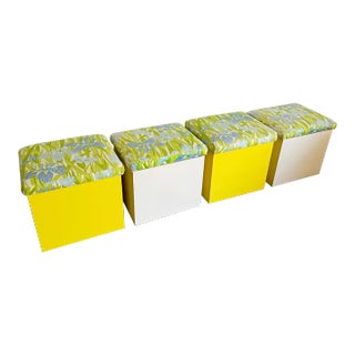 Boho Regency Yellow and Off White Lacquer Laminate Floral Cushion Low Stools - Set of 4 For Sale