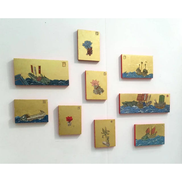 Study for a Fish at Sea with Three Flags, Ink, Egg-Tempera and Gold Leaf on Panel, 2018 For Sale - Image 4 of 5