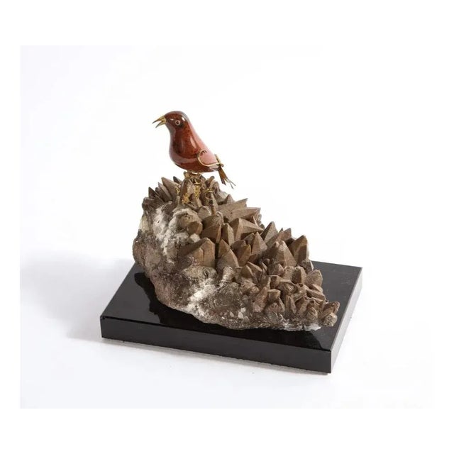 Late 20th Century 14k Gold Mounted Obsidian Bird on Dog's Tooth Stone, Mounted on Black Glass For Sale - Image 9 of 11