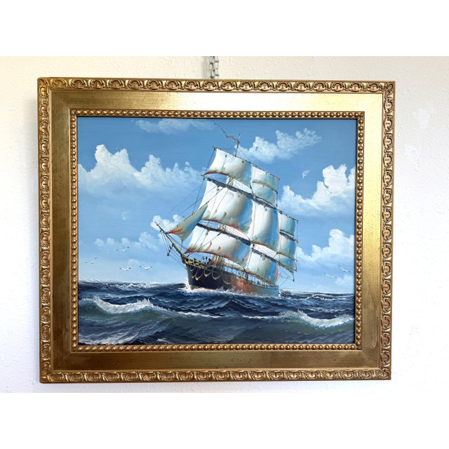 Beautiful oil on canvas depicting a classic sailing ship navigating rolling ocean waves under a bright sky filled with...