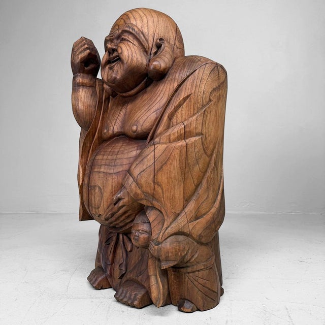 Japanese Wooden Temple Statue of Hotei with Child, 1920s For Sale - Image 4 of 14