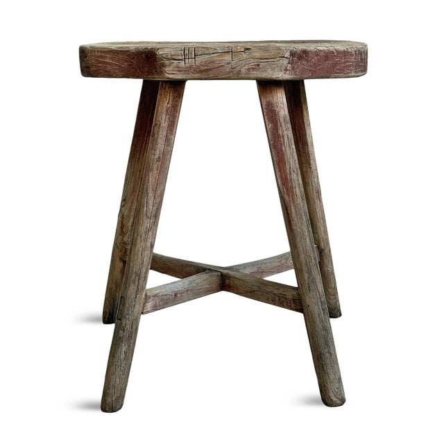 Mid 20th Century Vintage Elm Wood Rustic Asian Village Stool For Sale - Image 5 of 6