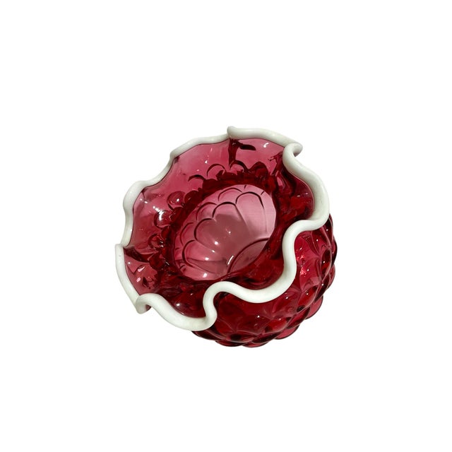 Mid-Century Modern Late 20th Century Fenton Cranberry Glass Vase Jacqueline Pattern With Milk Glass Rim For Sale - Image 3 of 5