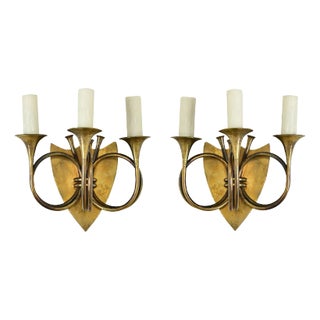 Pair of Early 20th Century French Brass Horn Sconces For Sale