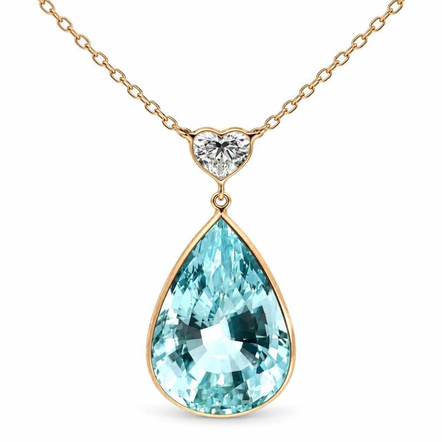 Metal 18k Yellow Gold Pear Aquamarine & Gia Diamond Necklace For Sale - Image 7 of 7