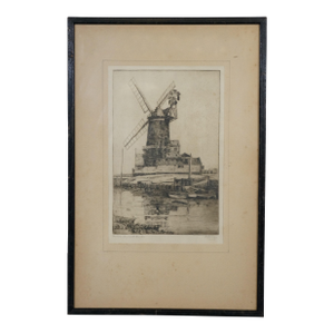 Late 19th Century Antique e.w. Berridge the Mill Cley Next to the Sea England Windmill Etching 21", Framed