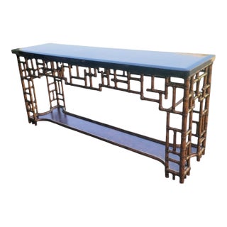 Vintage Chinese Chippendale Lexington Tortoiseshell Bronze Black Extra Long Tessellated Top Console Sofa Table For Sale