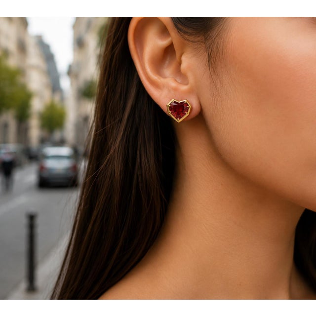 Red Geometric Heart Garnet Stud Earrings, Silver, Gold, Pair For Sale - Image 8 of 8