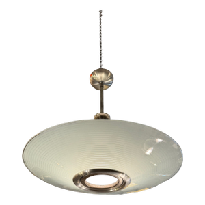 1940s Glass Disc 2 Tiered Aluminum Frame Lobby Ceiling Light