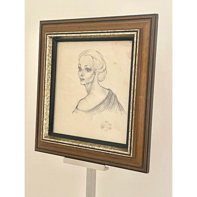 Mid-Century Modern Classical Female Portrait Original Framed Pencil Drawing on Paper For Sale - Image 3 of 10