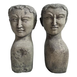 Pair of Vintage Stone Garden Goddess Busts For Sale