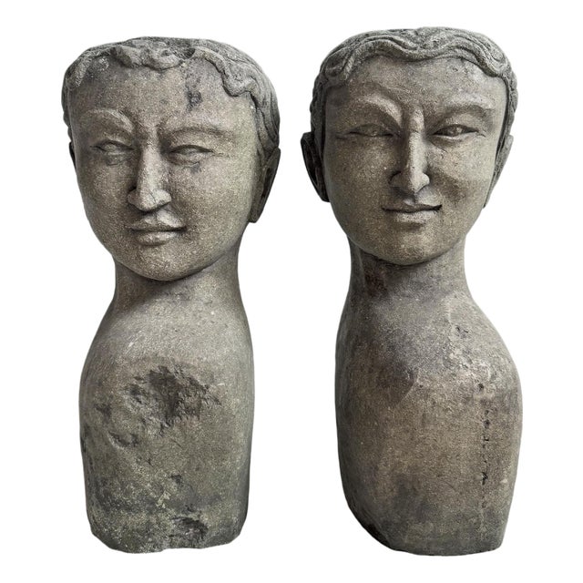 Pair of Vintage Stone Garden Goddess Busts For Sale
