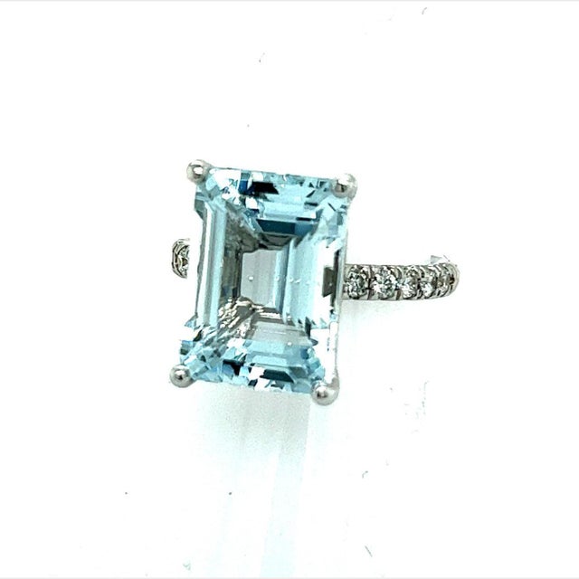 Sky Blue Natural Aquamarine Diamond Ring 14K W Gold 6.67 TCW Certified For Sale - Image 8 of 9