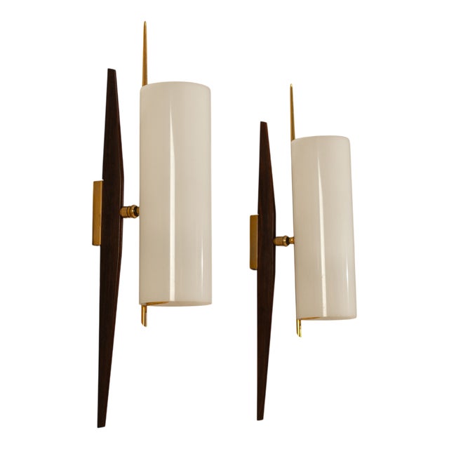 Wall Lights in Acrylic Glass, Teak and Glass from Arlus, France, 1950s, Set of 2 For Sale
