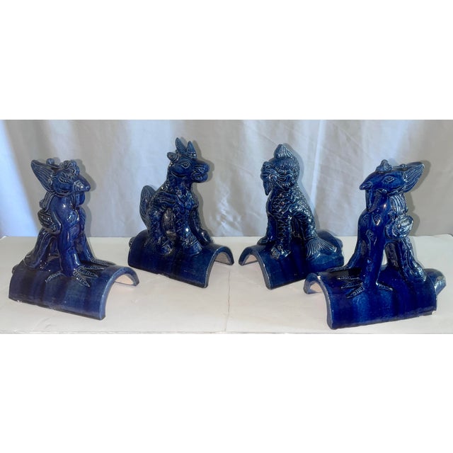 Early 20th Century Vintage Cobalt Blue Chinese Ceramic Roof Tile Figurines - Set of 4 For Sale - Image 5 of 18