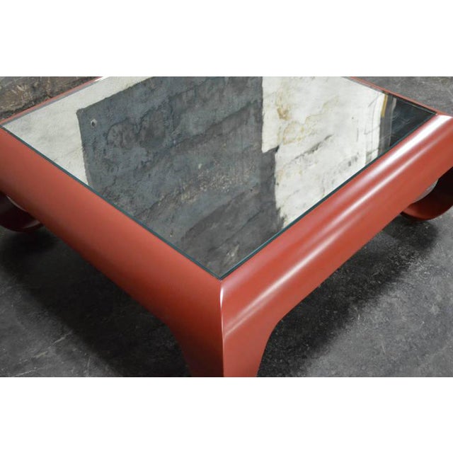 1970s Ming Table in Chinese Red Lacquer With Mirror Top For Sale - Image 5 of 8