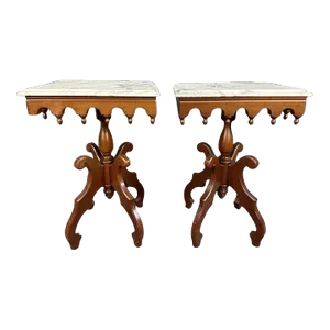 Early 20th Century Pair Victorian Gothic Revival Solid Wood Marble Accent Tables