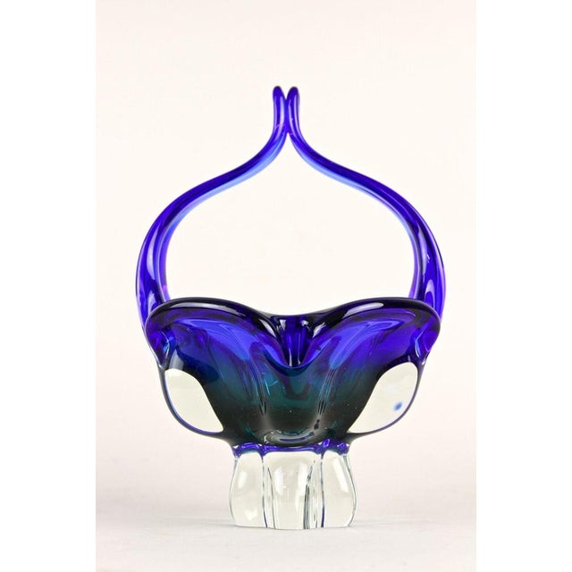 1960s Mid-Century Blue Murano Glass Basket with Curved Handles, Italy, 1960 For Sale - Image 5 of 18