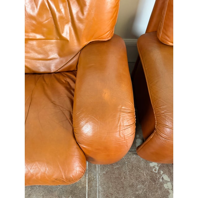 Animal Skin Vintage 1970s Italian Cognac Leather Lounge Chairs For Sale - Image 7 of 12