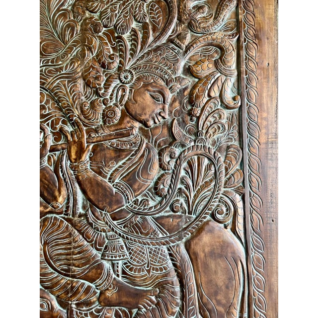 Wood 1920s Vintage Indian Hand-Carved Krishna Temple Door – Ornate Barn Door With Fluting 84x41 For Sale - Image 7 of 8