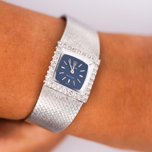 Contemporary 1970s Rolex Precision 2157 Ladies 18k White Gold Diamond Bezel Blue Dial Watch 1972 For Sale - Image 3 of 12