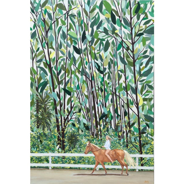 Jennifer Lively “Forest Ride” Contemporary Horse Riding Figure Through Green Foliage, 2022 For Sale
