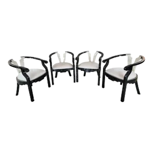 Vintage Maitland Smith Style Stone and Mother of Pearl Inlay Lacquer Chairs - Set of 6