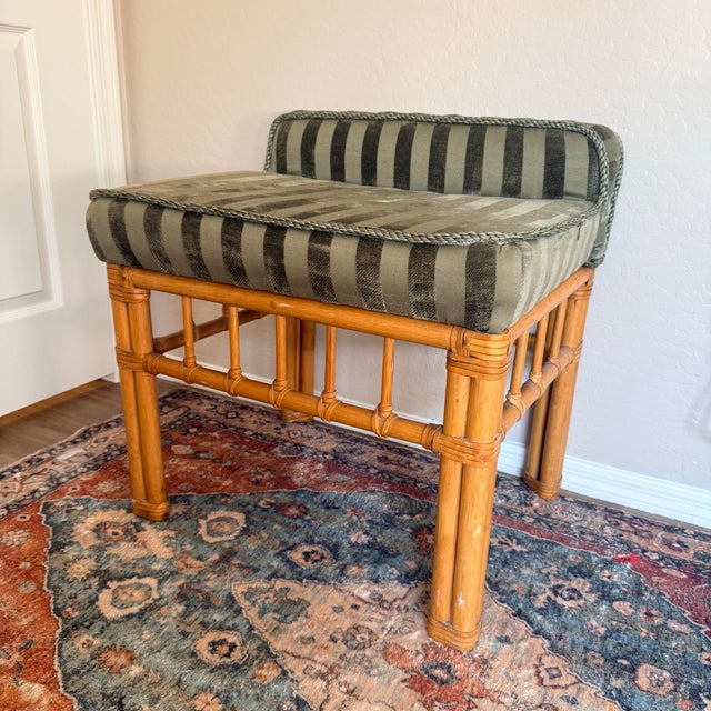 Wood Vintage Bamboo & Rattan Upholstered Stool For Sale - Image 7 of 9