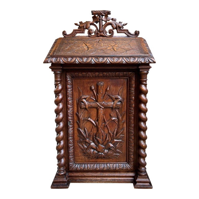 Antique French Altar Lecturn Gothic Bible Box Podium Sacristy Cabinet Carved Oak For Sale