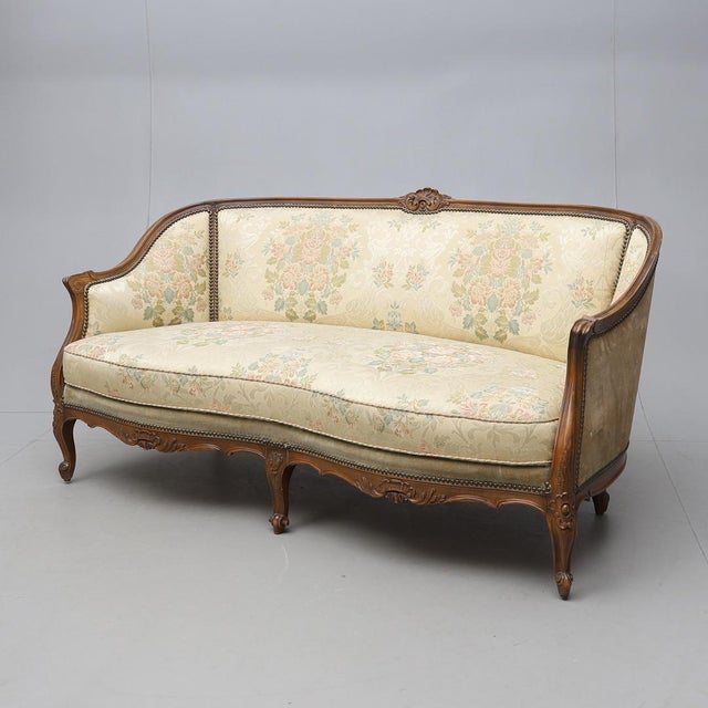 Rococo Style Three-Seater Sofa with Gilt Wooden Frame and Floral Brocade Upholstery, 1920s For Sale - Image 6 of 6