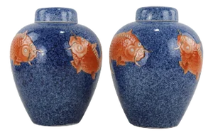 Pair of Antique Chinese Blue Porcelain Ginger Jars With Red Koi Fish