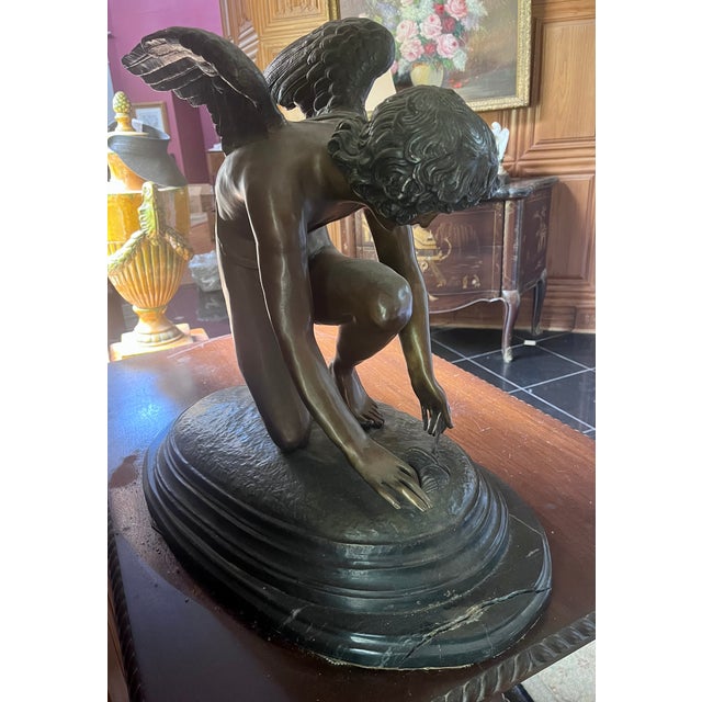 Vintage Grand Scale Patinated Bronze "Cupid Playing With a Butterfly" After Injalbert 1890 For Sale - Image 10 of 18