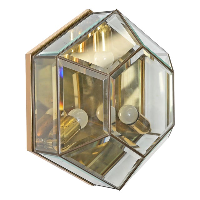 Hexagonal Brass and Beveled Glass Sconce or Ceiling Lamp from Fontana Arte, Italy, 1950s For Sale