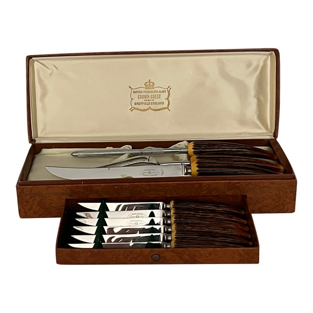 Vintage Burns Crown Crest Sheffield England Antler Bakelite Handled 9 Piece Steak Knife and Carving Set For Sale