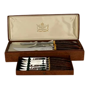Vintage Burns Crown Crest Sheffield England Antler Bakelite Handled 9 Piece Steak Knife and Carving Set