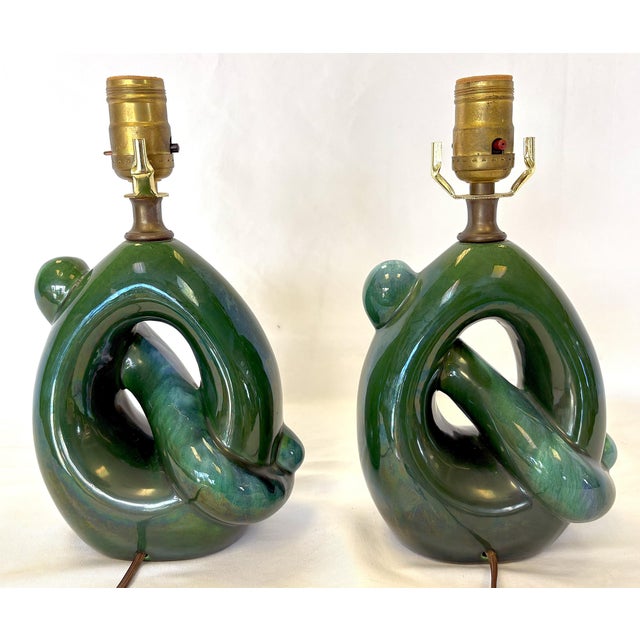 Mid Century Modern Royal Haeger Style Green-Blue Drip Glaze Ceramic Lamps- A Pair For Sale In West Palm - Image 6 of 12