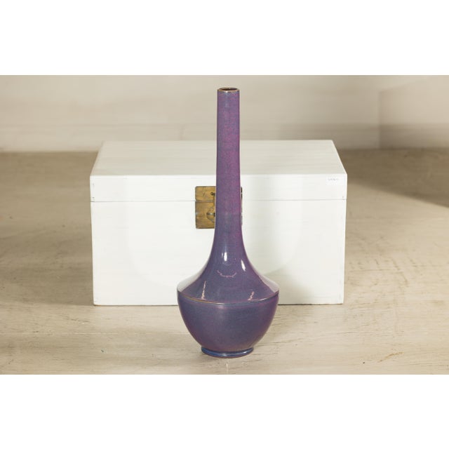 Tall Artisan Ceramic Vase with Purple Glaze and Slender Neck For Sale - Image 16 of 18