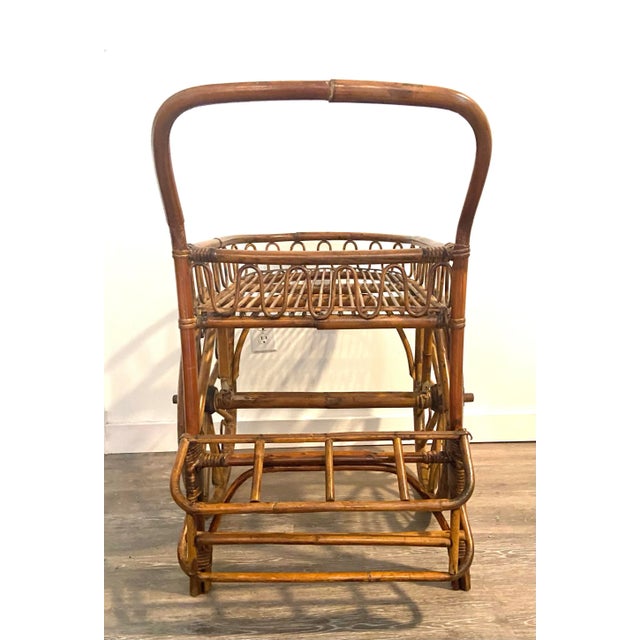 Wood Vintage Rattan French Rivera Drinks Trolley Bar Cart Attributed to Adrien Audoux & Frida Minet C. 1950's For Sale - Image 7 of 11