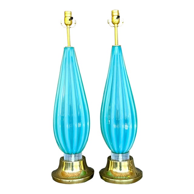 Mid 20th Century Italian Turquoise Glass Lamps After Murano For Sale