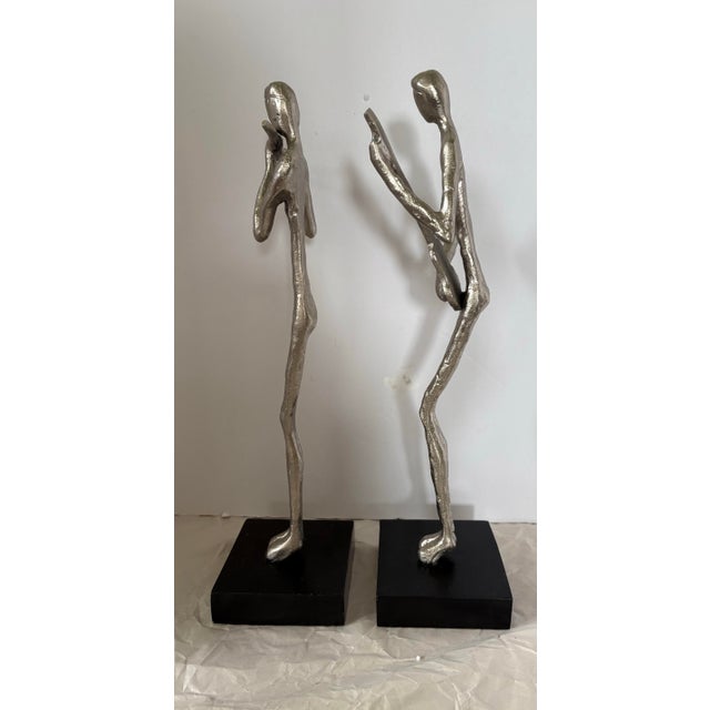 Silver Modern Abstract Cast Aluminum Jazz Musician Sculptures, Set of 2, Silver Metal Figurines, Flute & Guitar Players Contemporary Music Decor 16” Statues For Sale - Image 8 of 12