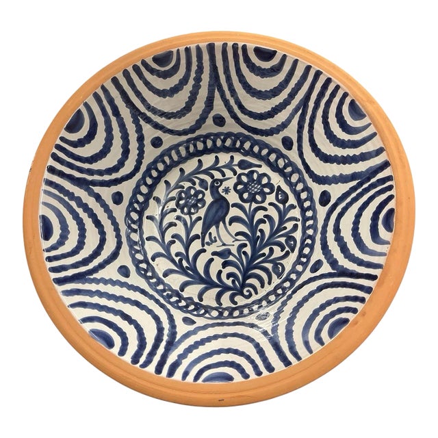 Vintage Hand-Painted Spanish Terracotta Bowl – Cobalt Blue Bird & Floral Motif For Sale