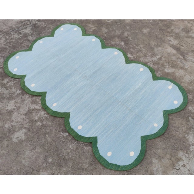 Mid-Century Modern Handmade Cotton Scalloped Rug Reversible Sky Blue and Forest Green Dhurrie-10'x14' For Sale - Image 3 of 10