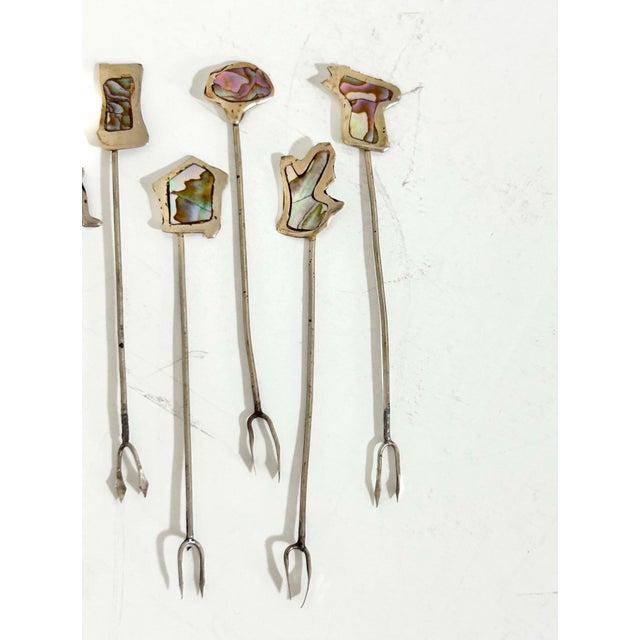 Vintage Abalone Cocktail Picks – Set of 11 Iridescent Mid-Century Appetizer Forks With Organic Shapes For Sale - Image 4 of 7