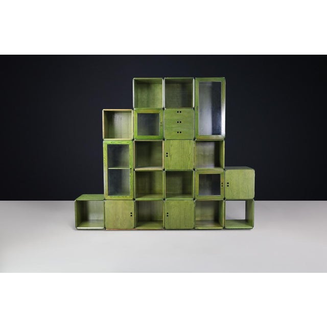 Derk Jan de Vries for Maisa di Seveso, Natural Green Modular Cabinet-Bookcase, Milan, Italy, 1970s The Dutch designer Derk...