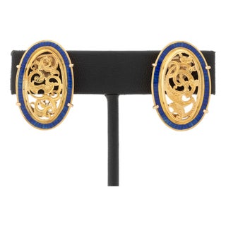 Cobalt Blue Enamel & Yellow Gold Filigree Earrings For Sale