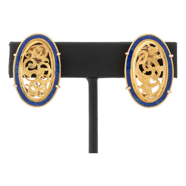 Cobalt Blue Enamel & Yellow Gold Filigree Earrings For Sale