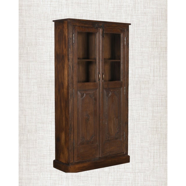 French Provincial Antique Indian Armoire | Glass Display Cabinet | Vintage Teak Wood Cabinet | Wabi Sabi Decor For Sale - Image 3 of 6