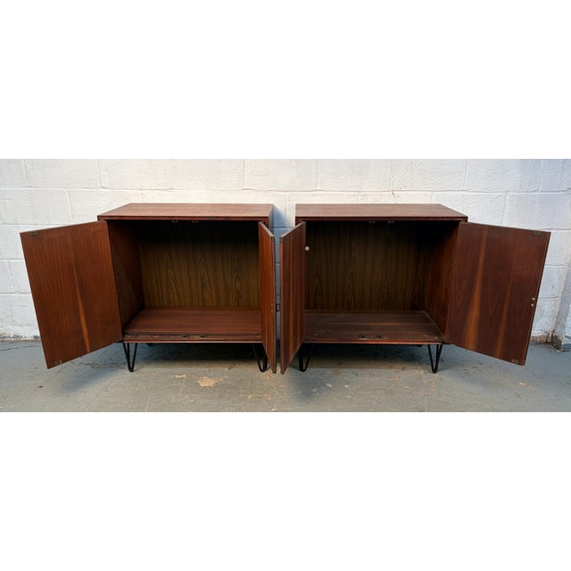 Wood Mid 20th Century Modern Burled Walnut Cabinets on Hairpin Legs, A Pair For Sale - Image 7 of 14